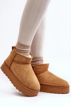 Śniegowce Damskie>Boto Śniegowce Damskie Na Platformie Ocieplane Futerkiem Camel Xamella Brązowy