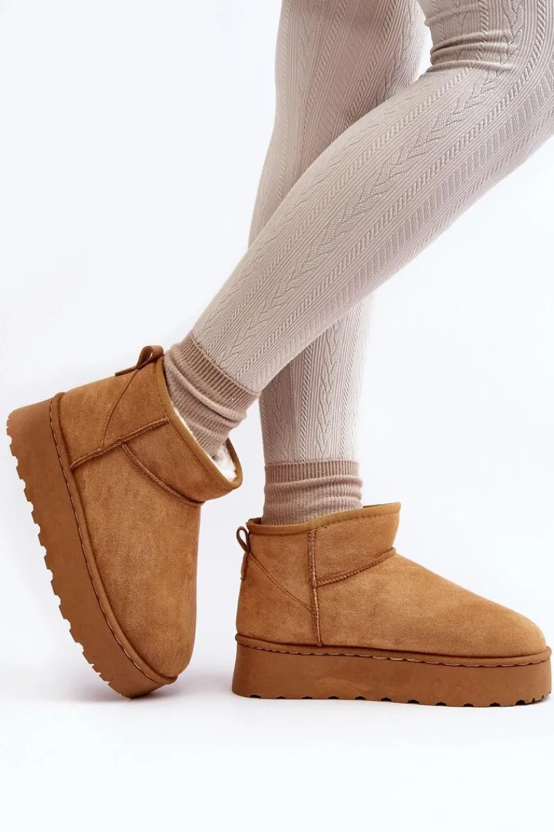 Śniegowce Damskie>Boto Śniegowce Damskie Na Platformie Ocieplane Futerkiem Camel Xamella Brązowy