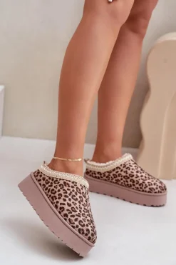 Discount Boto Śniegowce Damskie Na Platformie Ocieplane Futerkiem Panterka Brązowe Remenia