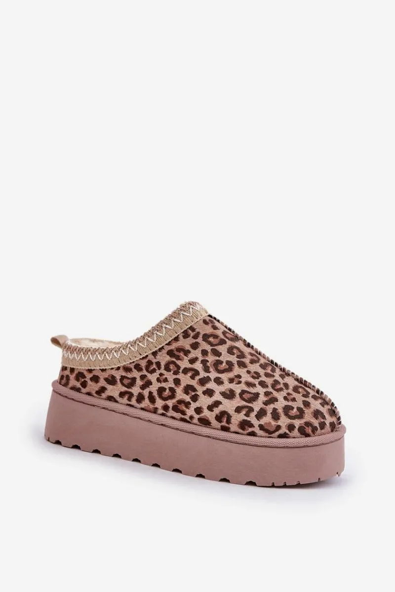 Discount Boto Śniegowce Damskie Na Platformie Ocieplane Futerkiem Panterka Brązowe Remenia