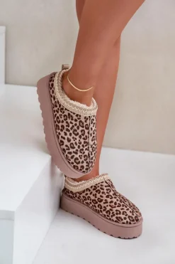 Discount Boto Śniegowce Damskie Na Platformie Ocieplane Futerkiem Panterka Brązowe Remenia