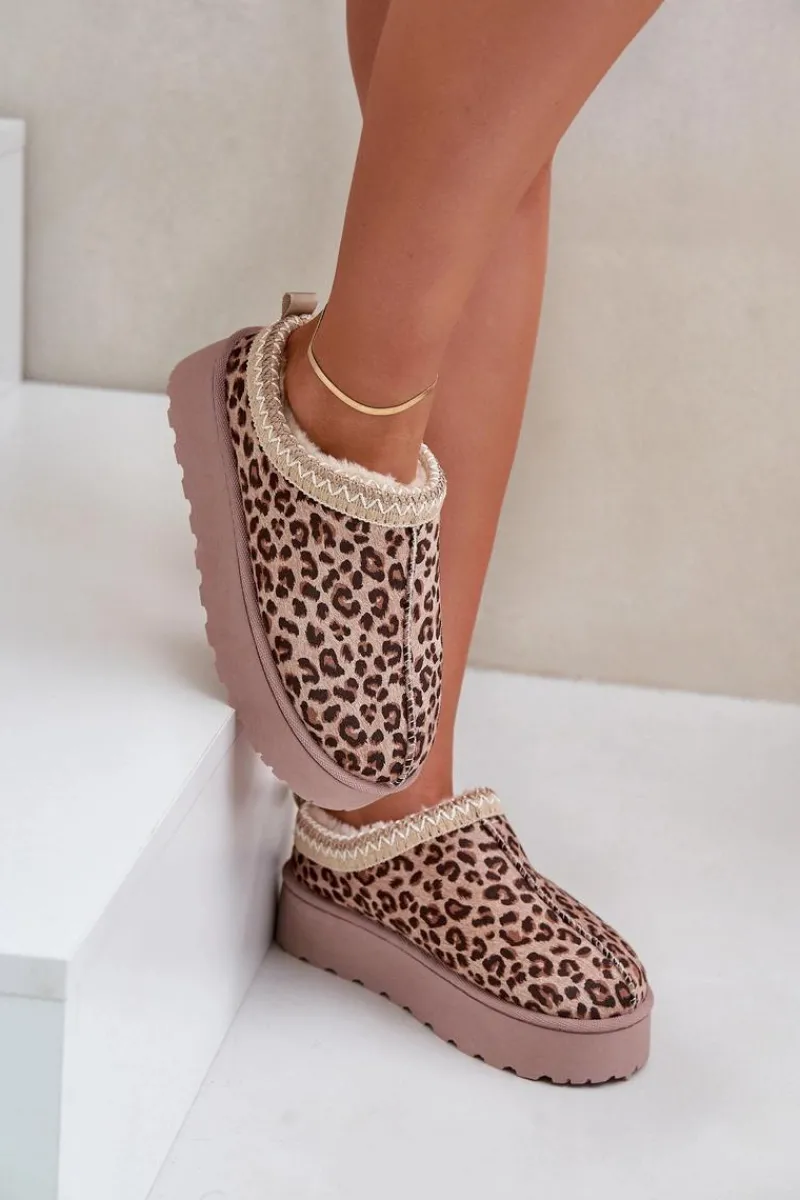 Discount Boto Śniegowce Damskie Na Platformie Ocieplane Futerkiem Panterka Brązowe Remenia