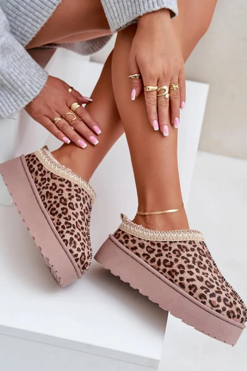 Discount Boto Śniegowce Damskie Na Platformie Ocieplane Futerkiem Panterka Brązowe Remenia