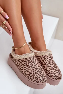 Discount Boto Śniegowce Damskie Na Platformie Ocieplane Futerkiem Panterka Brązowe Remenia