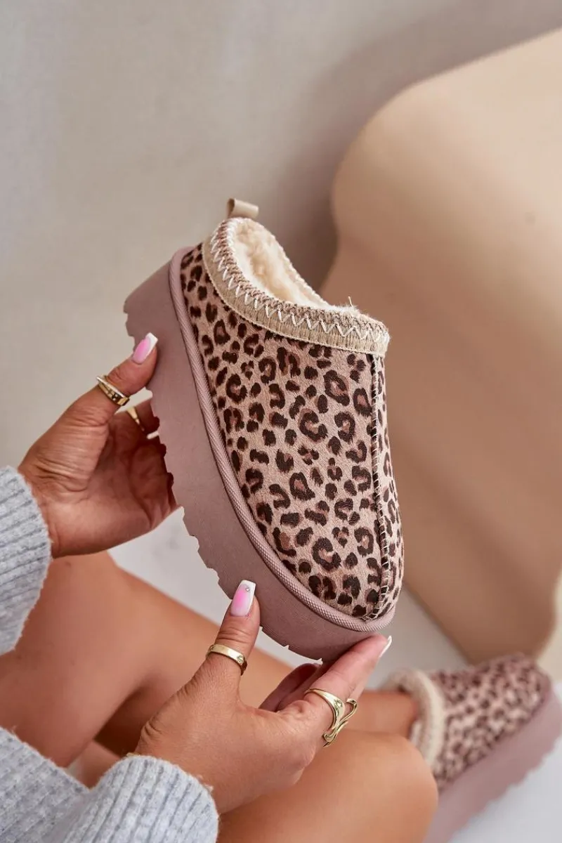 Discount Boto Śniegowce Damskie Na Platformie Ocieplane Futerkiem Panterka Brązowe Remenia