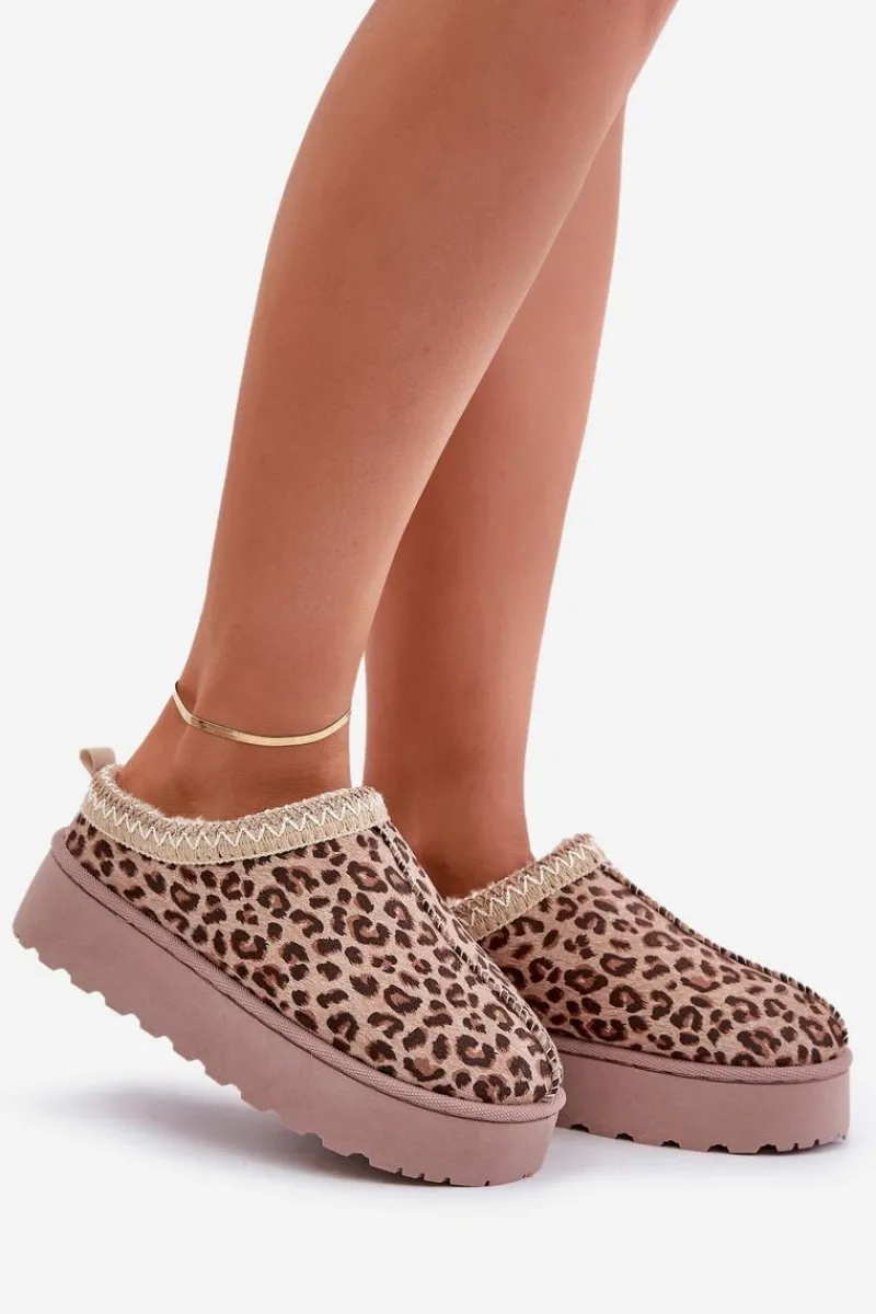 Discount Boto Śniegowce Damskie Na Platformie Ocieplane Futerkiem Panterka Brązowe Remenia