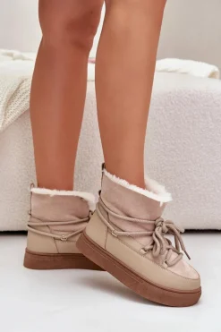 Best Boto Śniegowce Damskie Na Platformie Ocieplane Futerkiem Beżowe Aziara Beżowy
