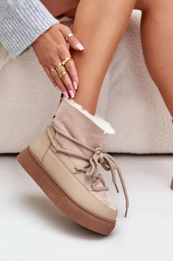 Best Boto Śniegowce Damskie Na Platformie Ocieplane Futerkiem Beżowe Aziara Beżowy