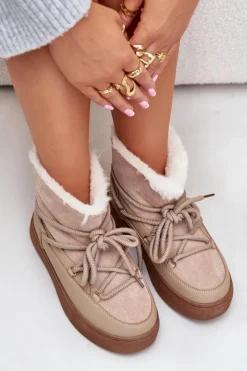 Best Boto Śniegowce Damskie Na Platformie Ocieplane Futerkiem Beżowe Aziara Beżowy