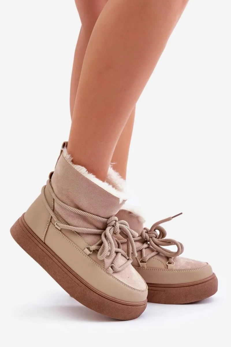 Best Boto Śniegowce Damskie Na Platformie Ocieplane Futerkiem Beżowe Aziara Beżowy