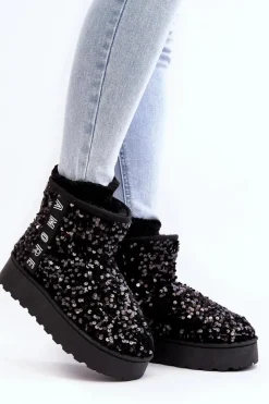 Discount Śniegowce Damskie Na Platformie Zdobione Cekinami Czarne Silmo Damskie Śniegowce Damskie