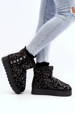 Discount Śniegowce Damskie Na Platformie Zdobione Cekinami Czarne Silmo Damskie Śniegowce Damskie