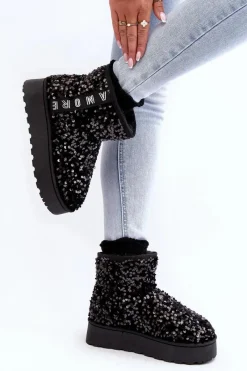 Discount Śniegowce Damskie Na Platformie Zdobione Cekinami Czarne Silmo Damskie Śniegowce Damskie