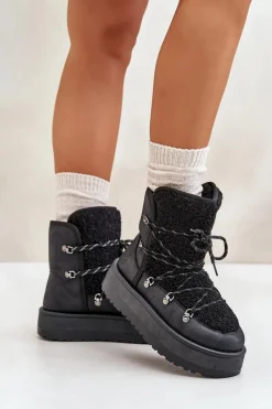 Sale Boto Śniegowce Damskie Na Platformie Z Wiązaniem Czarne Riaviana