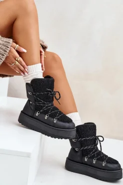 Sale Boto Śniegowce Damskie Na Platformie Z Wiązaniem Czarne Riaviana