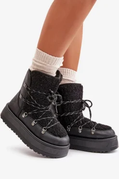 Sale Boto Śniegowce Damskie Na Platformie Z Wiązaniem Czarne Riaviana