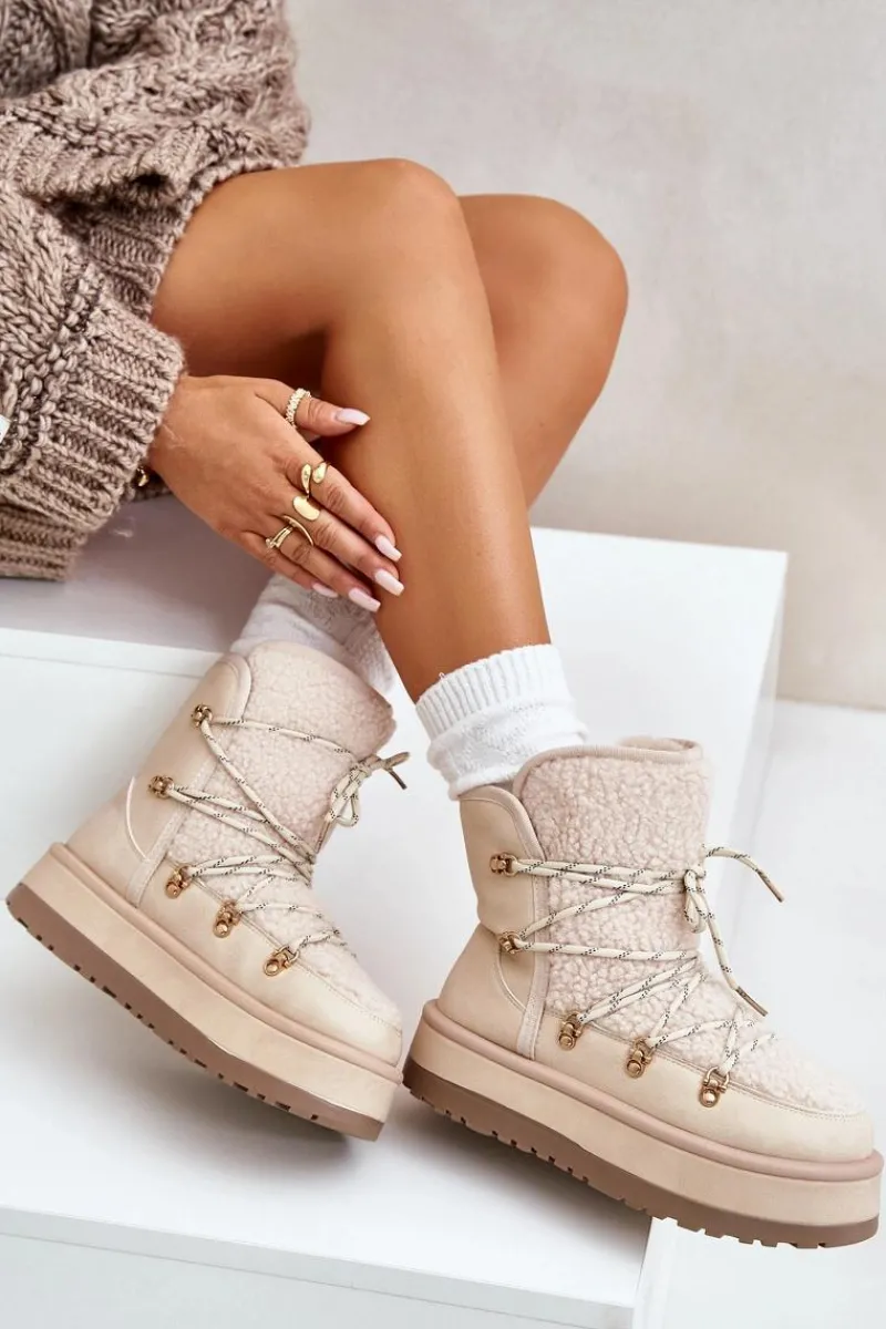 Śniegowce Damskie Na Platformie Z Wiązaniem Jasnobeżowe Riaviana Damskie Śniegowce Damskie