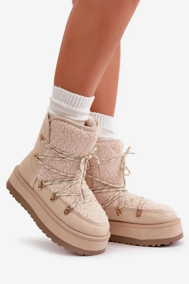 Śniegowce Damskie Na Platformie Z Wiązaniem Jasnobeżowe Riaviana Damskie Śniegowce Damskie