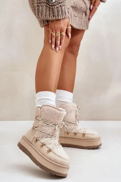 Śniegowce Damskie Na Platformie Z Wiązaniem Jasnobeżowe Riaviana Damskie Śniegowce Damskie