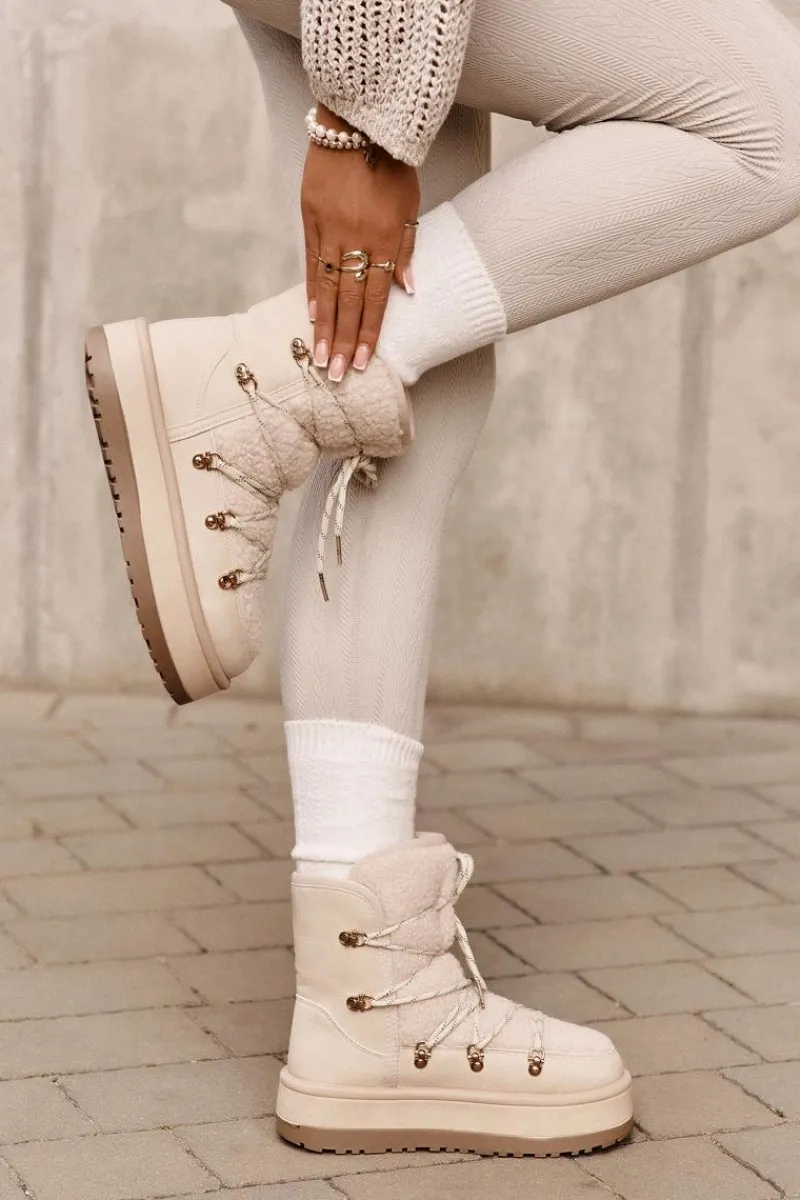 Śniegowce Damskie Na Platformie Z Wiązaniem Jasnobeżowe Riaviana Damskie Śniegowce Damskie