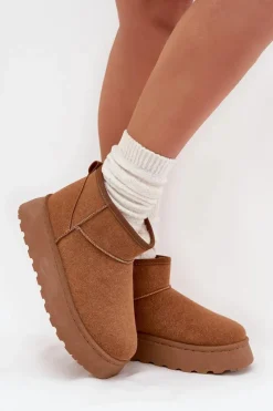 New Śniegowce Damskie Na Platformie Ocieplane Futerkiem Camel Vesirae Damskie Śniegowce Damskie