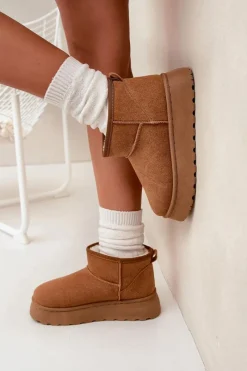 New Śniegowce Damskie Na Platformie Ocieplane Futerkiem Camel Vesirae Damskie Śniegowce Damskie