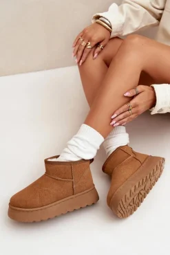 New Śniegowce Damskie Na Platformie Ocieplane Futerkiem Camel Vesirae Damskie Śniegowce Damskie