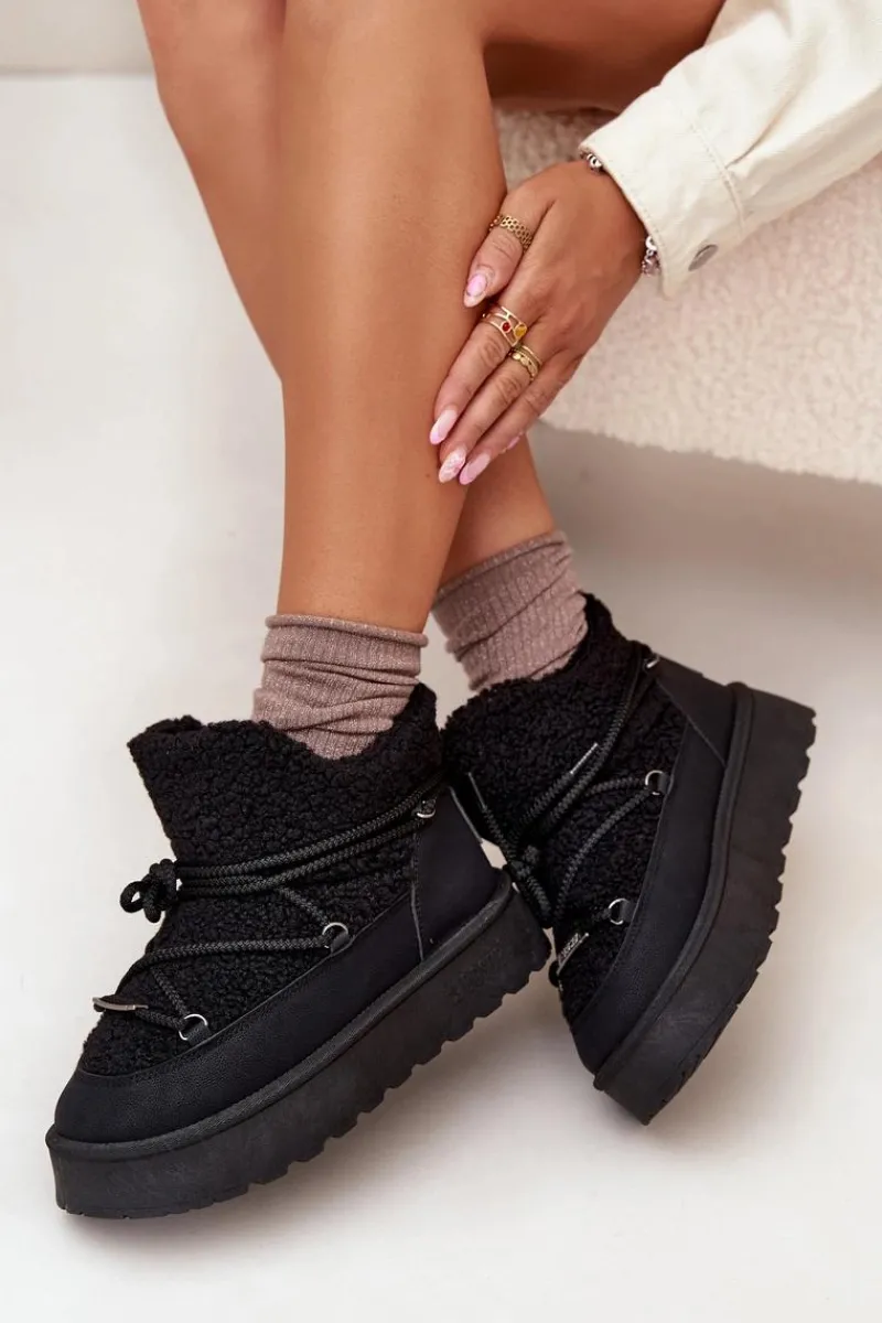 Śniegowce Damskie>Big Star Shoes Śniegowce Damskie Na Platformie Z Futerkiem Typu Baranek Big Star SS274109 Czarne Czarny