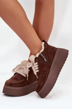 Śniegowce Damskie Na Platformie Z Futerkiem Typu Baranek Brązowe Luma Damskie Śniegowce Damskie