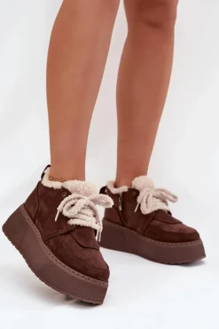 Śniegowce Damskie Na Platformie Z Futerkiem Typu Baranek Brązowe Luma Damskie Śniegowce Damskie