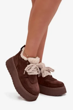 Śniegowce Damskie Na Platformie Z Futerkiem Typu Baranek Brązowe Luma Damskie Śniegowce Damskie