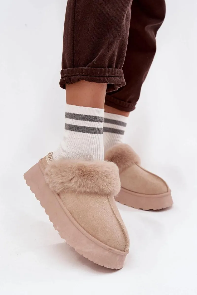 Śniegowce Damskie>Boto Śniegowce Damskie Na Platformie Z Futerkiem I Haftem Beżowe Querina Beżowy