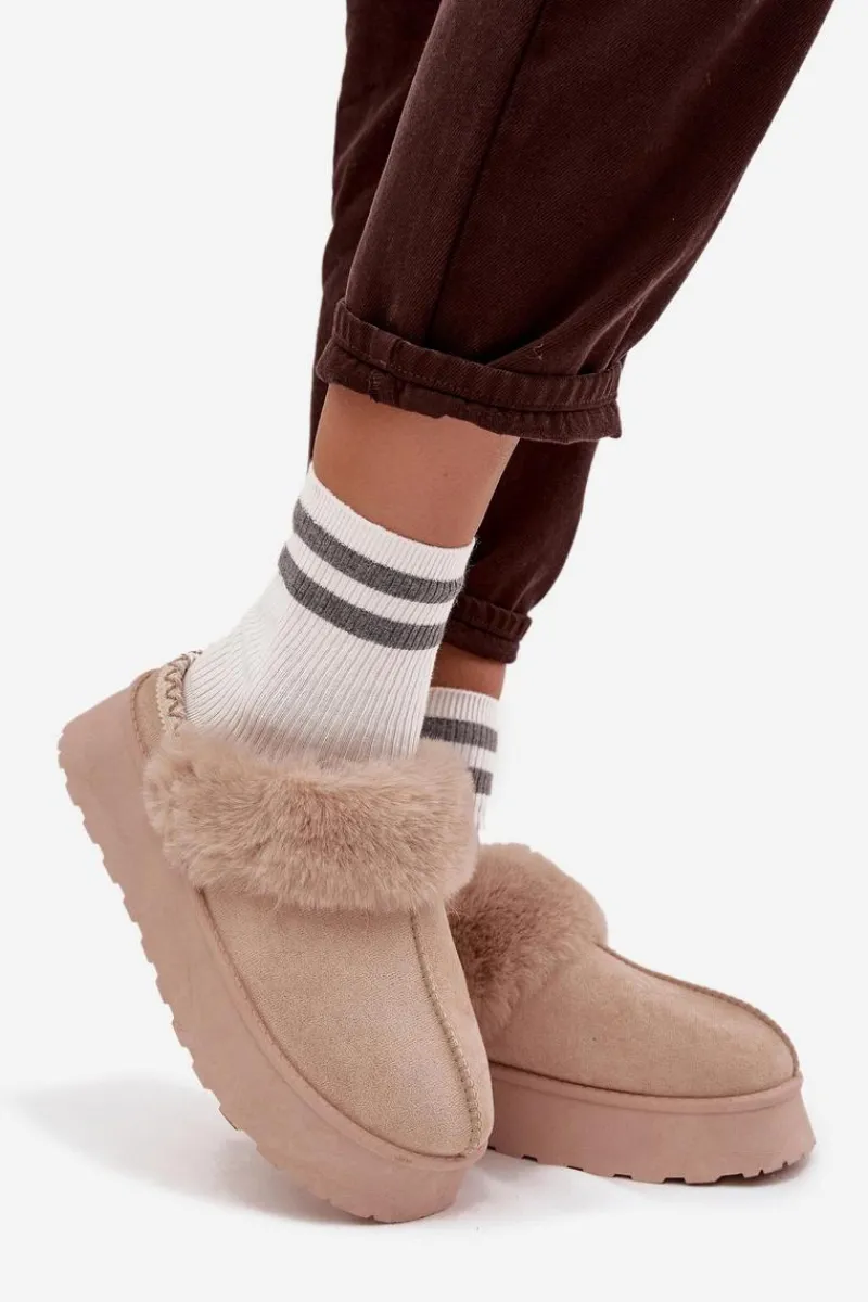 Śniegowce Damskie>Boto Śniegowce Damskie Na Platformie Z Futerkiem I Haftem Beżowe Querina Beżowy
