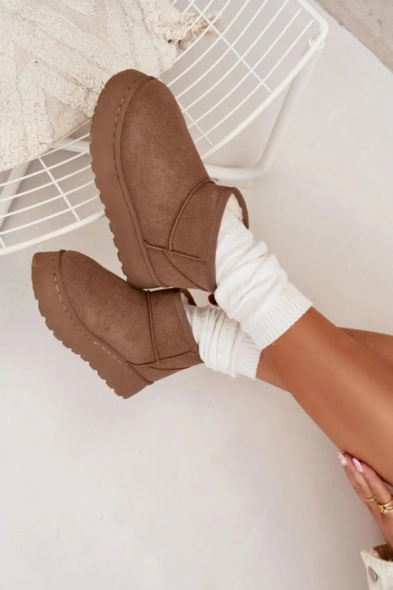 Śniegowce Damskie Na Platformie Ocieplane Futerkiem Khaki Vesirae Damskie Śniegowce Damskie