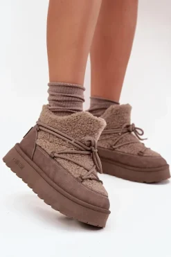 New Big Star Shoes Śniegowce Damskie Na Platformie Z Futerkiem Typu Baranek Big Star SS274112 Brązowe Brązowy