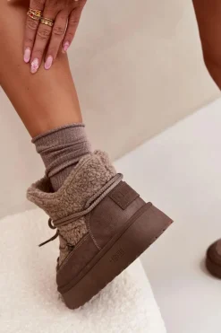 New Big Star Shoes Śniegowce Damskie Na Platformie Z Futerkiem Typu Baranek Big Star SS274112 Brązowe Brązowy