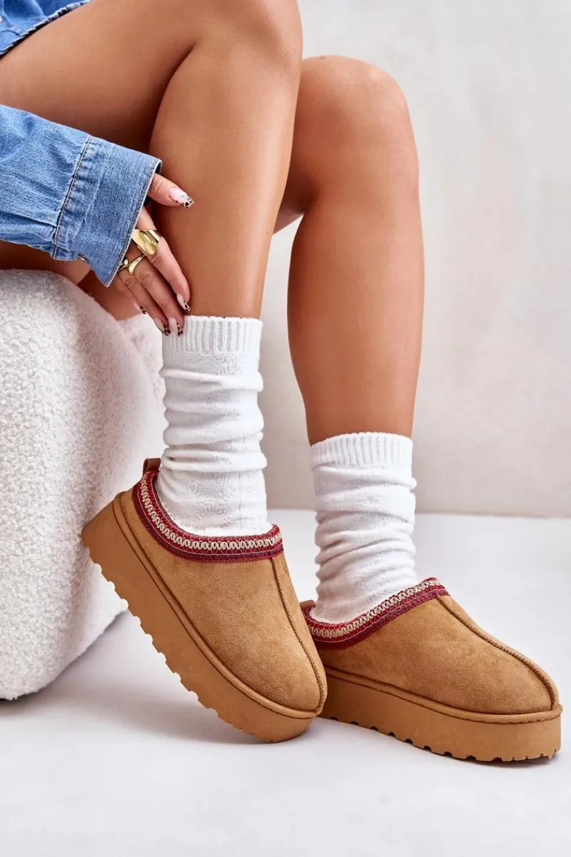 Sale Boto Śniegowce Damskie Na Platformie Ocieplane Futerkiem Camel Remenia