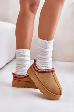 Sale Boto Śniegowce Damskie Na Platformie Ocieplane Futerkiem Camel Remenia