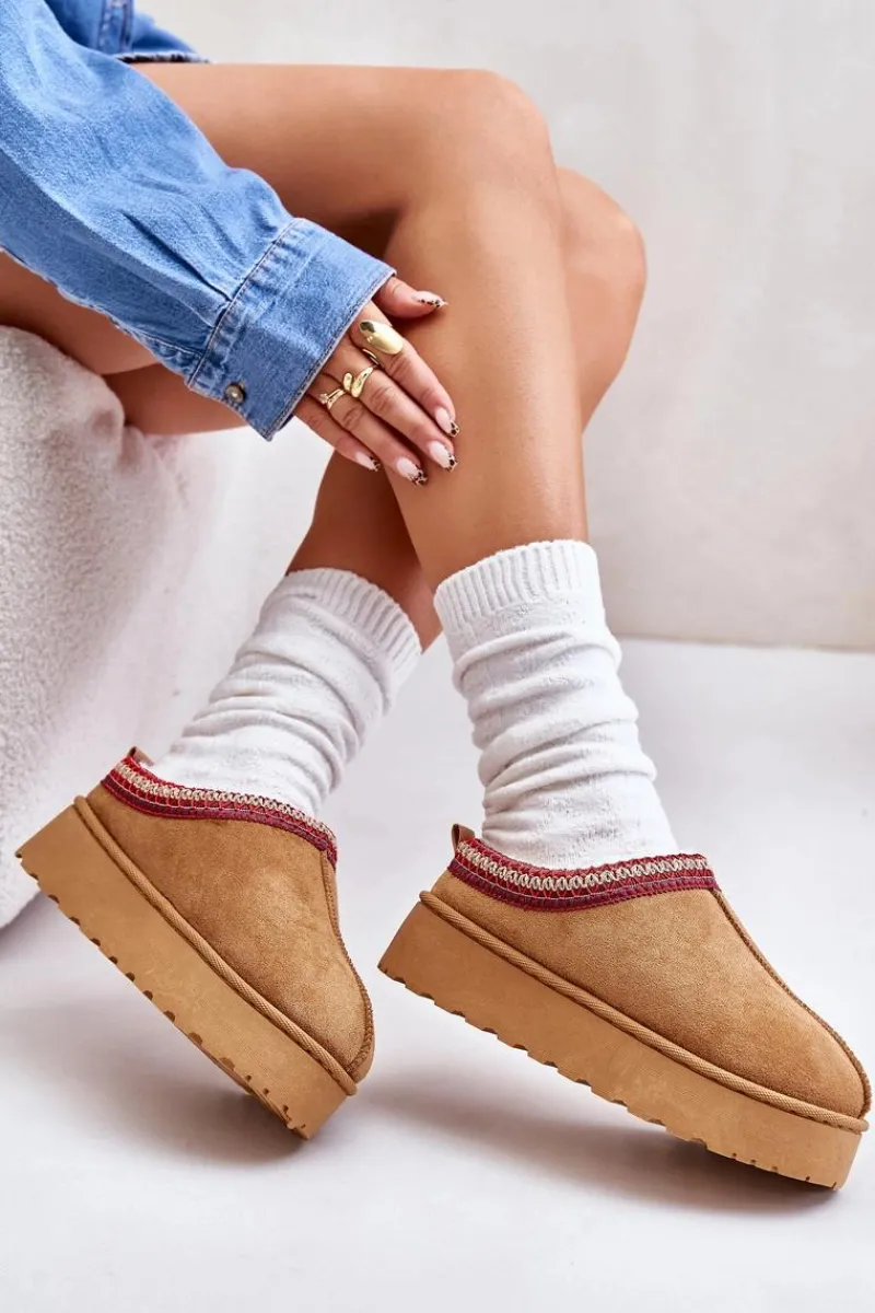 Sale Boto Śniegowce Damskie Na Platformie Ocieplane Futerkiem Camel Remenia