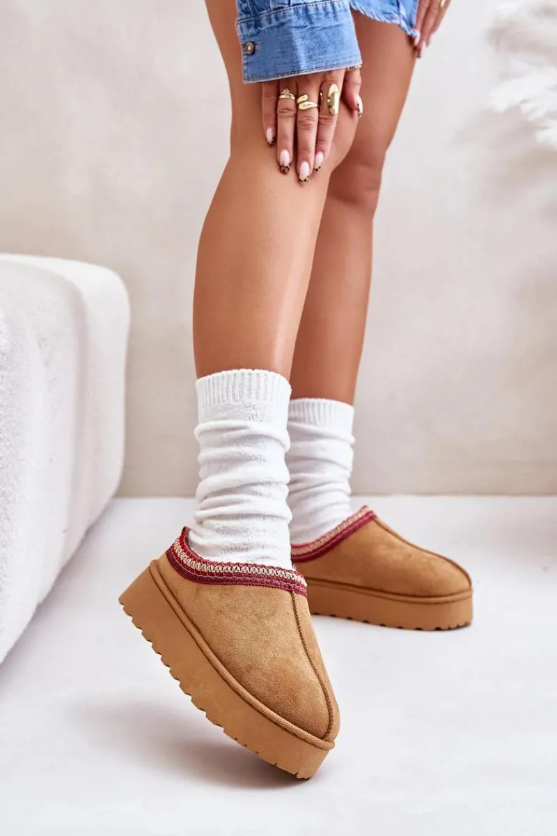 Sale Boto Śniegowce Damskie Na Platformie Ocieplane Futerkiem Camel Remenia