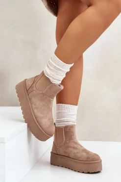 Boto Śniegowce Damskie Na Platformie Z Elastycznymi Wstawkami Ciemnobeżowe Rialine