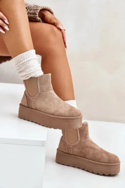 Boto Śniegowce Damskie Na Platformie Z Elastycznymi Wstawkami Ciemnobeżowe Rialine