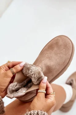 Boto Śniegowce Damskie Na Platformie Z Elastycznymi Wstawkami Ciemnobeżowe Rialine