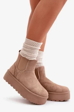 Boto Śniegowce Damskie Na Platformie Z Elastycznymi Wstawkami Ciemnobeżowe Rialine