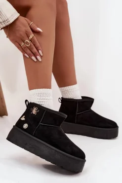 New Śniegowce Damskie Na Platformie Z Przypinkami Czarne Maelle Damskie Śniegowce Damskie