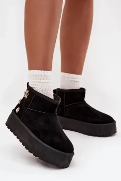 New Śniegowce Damskie Na Platformie Z Przypinkami Czarne Maelle Damskie Śniegowce Damskie