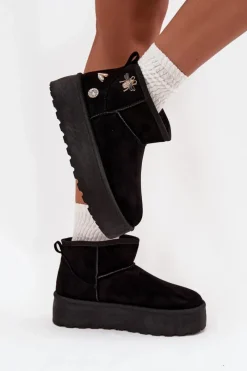 New Śniegowce Damskie Na Platformie Z Przypinkami Czarne Maelle Damskie Śniegowce Damskie