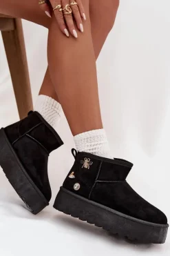 New Śniegowce Damskie Na Platformie Z Przypinkami Czarne Maelle Damskie Śniegowce Damskie