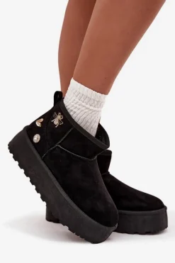 New Śniegowce Damskie Na Platformie Z Przypinkami Czarne Maelle Damskie Śniegowce Damskie