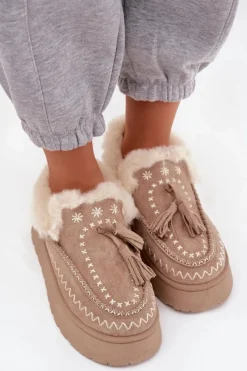 Best Boto Śniegowce Damskie Na Platformie Z Futerkiem I Frędzlami Beżowe Ferayne Beżowy